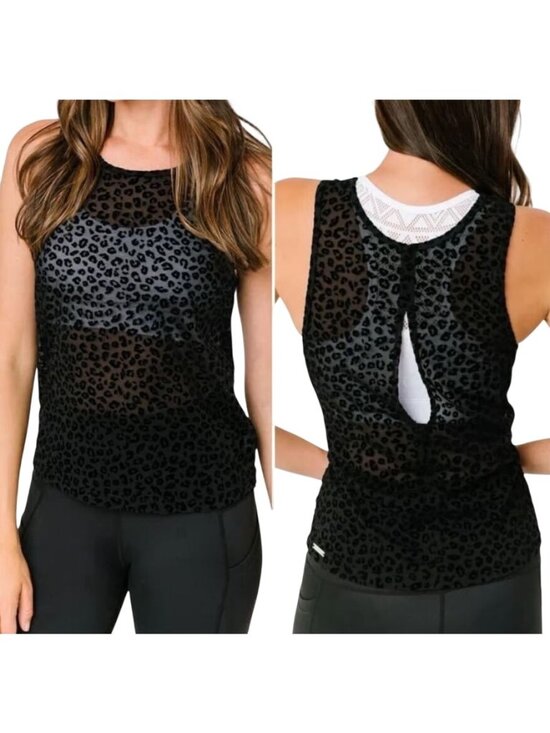 Zyia Active Tops - Zyia Active Tank Top Size Large Leopard Print Mesh Sleeveless Keyhole Back Black